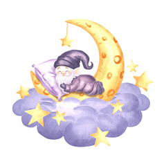 Cute little gnome sleeping on crescent moon in cloud with stars watercolor illustration. Hand drawn isolated night elf lying on pillow for design of baby fairy dreams. Magic dwarf for kids products.