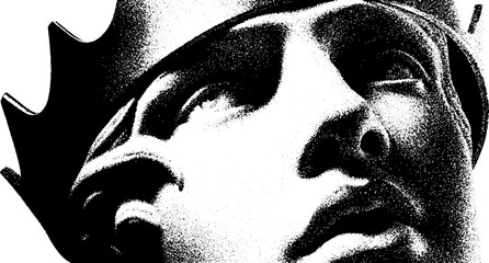 Cracked athena statue with crown and owl tattoo in high contrast style