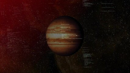 Rotating gas giant starting red glow pulsing while code overlay scrolling for data analysis - Powered by Adobe