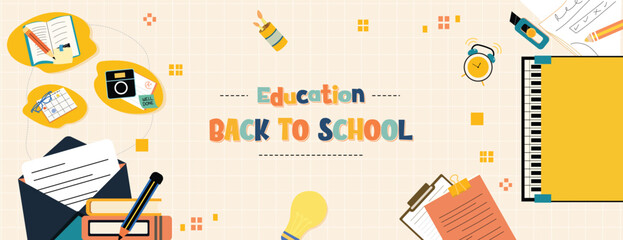 Education theme illustration celebrating back to school with stationery. Vector illustration