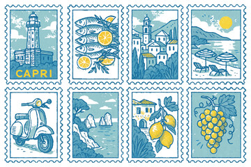 Whimsical illustrations of Italian landscapes, food, and lifestyle featuring Capri, lemon trees, a scooter, and Mediterranean elements in vintage stamp style