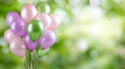 Colorful pastel balloons floating against a vibrant festival backdrop for celebration and joy, with copy space on the right side