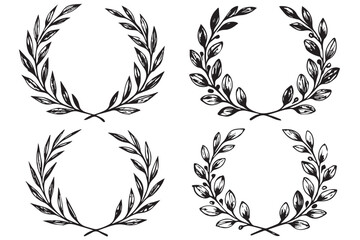 Fototapeta premium Set of four black and white hand drawn laurel wreath illustrations with a natural, botanical design, featuring leafy elements and circular shapes