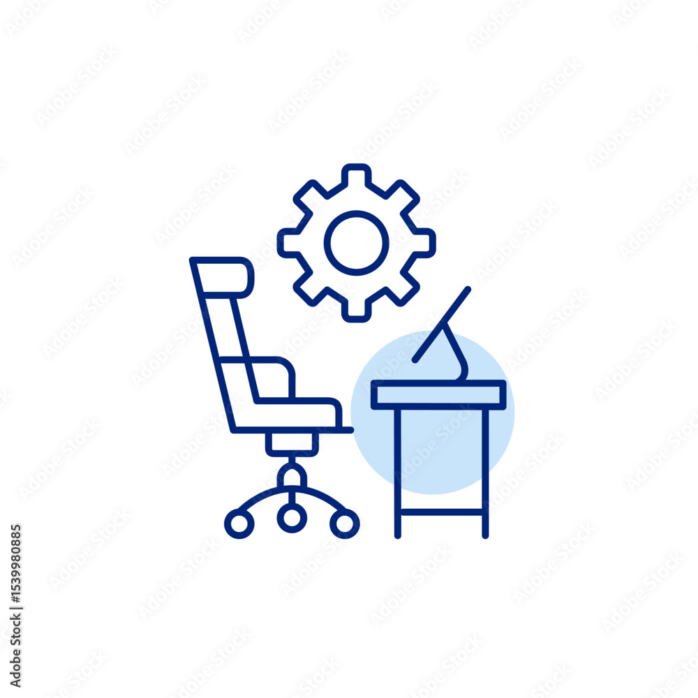 Poster office desk, computer and cogwheel. technical training and learning, software development. pixel per