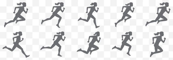 runner silhouette vector set, running woman sequence, motion, athletic vector illustration, dynamic jog, fitness movement animation eps 10