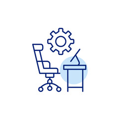 Office desk, computer and cogwheel. Technical training and learning, software development. Pixel perfect, editable stroke vector icon