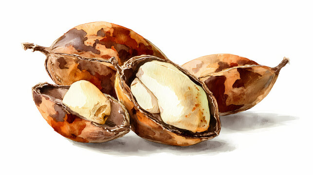  Watercolor Illustration of Cracked Pili Nuts &ndash; Creamy Tropical Nuts with Hard Shell on White Background