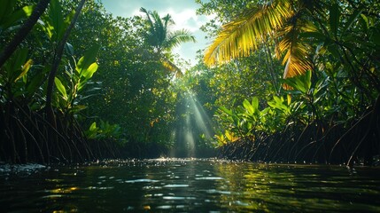 Naklejka premium Sunlight streams through a lush tropical forest, illuminating a calm waterway