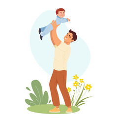 Happy father lifting his baby son up in the air. Dad playing with child, joyful family time. Vector illustration of parenthood love isolated. Perfect for Father's Day cards and family themed designs