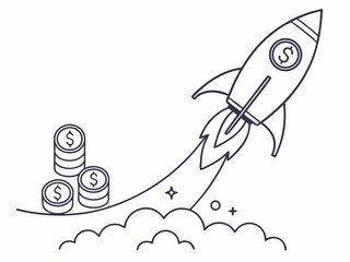 Stylish Simple Line Icon Of A Rocket With A Coin Trail Sy Vector