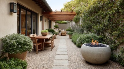 Cozy outdoor deck with wooden pergola, modern fire pit, lush greenery, and inviting dining set creating a perfect relaxing ambiance in a stylish backyard