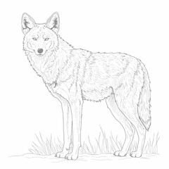 Ethiopian Wolf – Canis simensis. Wolf animal sketch standing proudly on grassy terrain. Wildlife drawing concept