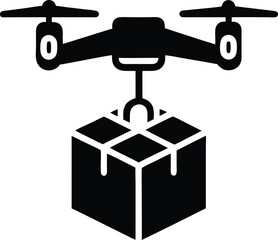 Black silhouette of a drone delivering a package representing the future of delivery.