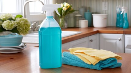 Clear plastic cleaning solution bottle in bright organized workspace with microfiber cloths and spray nozzles