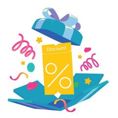 Flat cartoon illustration of an open gift box containing a yellow discount coupon with percent symbol, surrounded by confetti and colorful ribbon. Perfect for sales promotions and festive marketing th