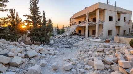 Collapsed building facade with rubble and warm sunset lighting, evoking resilience and loss in a damaged urban scene with copy space on the left