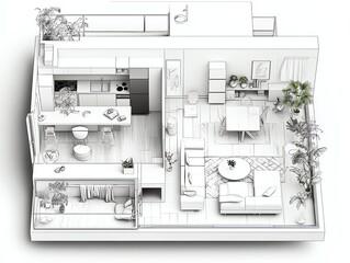 Top-down view of a modern apartment floor plan featuring a living room, kitchen, dining area, bedroom, and multiple plants for a cozy, green interior design.