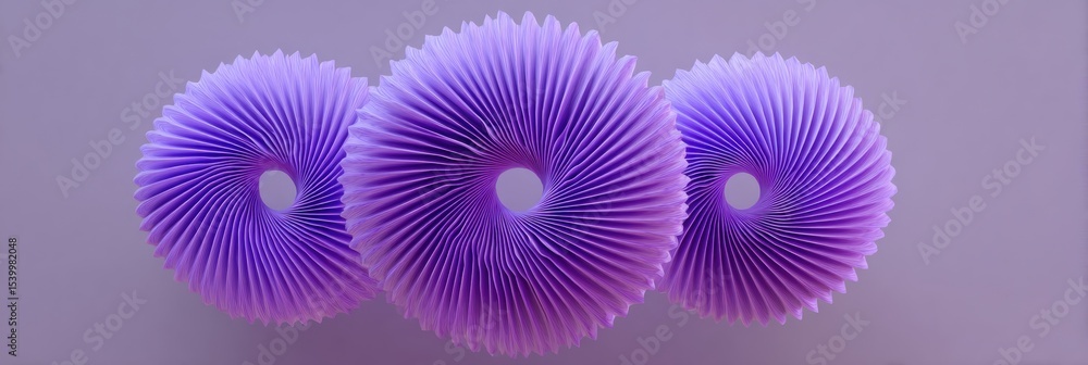 Poster spiral shapes expand in balanced symmetry with a gradient of purple hues on a simple background duri