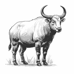 Gaur – Bos gaurus. A detailed sketch of a yak featuring large curved horns and thick fur. The black-and-white illustration captures the animal's rugged nature, suitable for wildlife and nature themes.