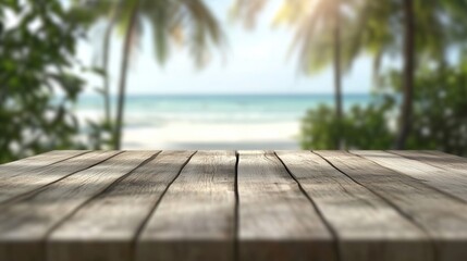Wooden table sets the scene for a breathtaking tropical beach background. An ideal paradise background for summer product displays, vacation mockups, travel promotions.