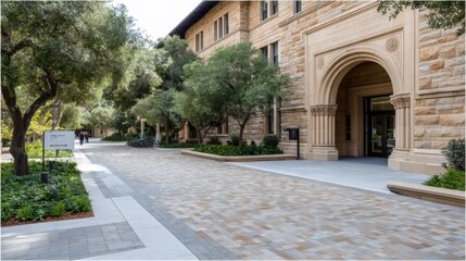 Colorful mosaic walkway leading to ornate stone archway surrounded by lush greenery bathed in warm sunlight