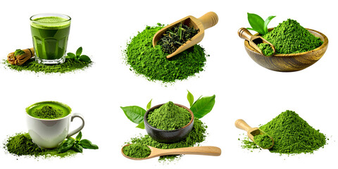 set of assortment of matcha tea powder and drink.