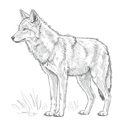 Ethiopian Wolf – Canis simensis. Wolf animal sketch standing proudly on grassy terrain. Wildlife drawing concept