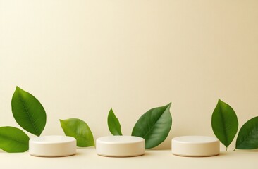 Three pale cream-colored circular podiums, horizontally aligned on a pale beige background, with fresh green leaves arranged around them