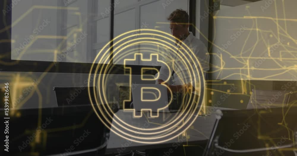 Aufkleber man opening laptop causing graphic evolving into bitcoin symbol and watching animation for finance