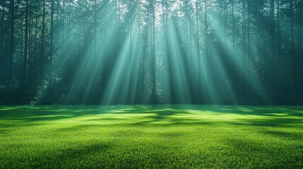 Sunlight streams through a misty forest onto a grassy clearing