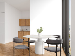 Scandinavian Dining Corner with Soft Natural Light and Wood Kitchen – Transparent Wall Mockup with Realistic Shadows – 3D render