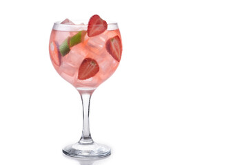 Strawberry gin tonic cocktail isolated on white background. Copy space