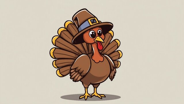 S&uuml;&szlig;er Truthahn mit Pilgerhut im Comic-Stil auf beigem Hintergrund &ndash; ideal f&uuml;r Thanksgiving-Designs oder Kinderillustrationen.
