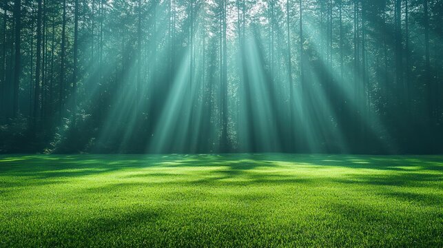 Sunlight streams through a misty forest onto a grassy clearing