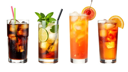 A bundle of transparent PNGs featuring Cuba Libre, Long Island, Mojito, Paloma, Tequila Sunrise, and Screwdriver cocktails, all on an isolated background.
