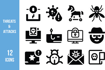 Collection of 12 bold black icons illustrating common cybersecurity threats and attack types like viruses, phishing, ransomware, and zero-day exploits. 