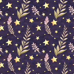 Gold stars and flower twigs in night sky seamless watercolor pattern for baby desings. Hand drawn floral illustration with yellow sparcle in star shape. Dark celestial background for kids fairy dreams