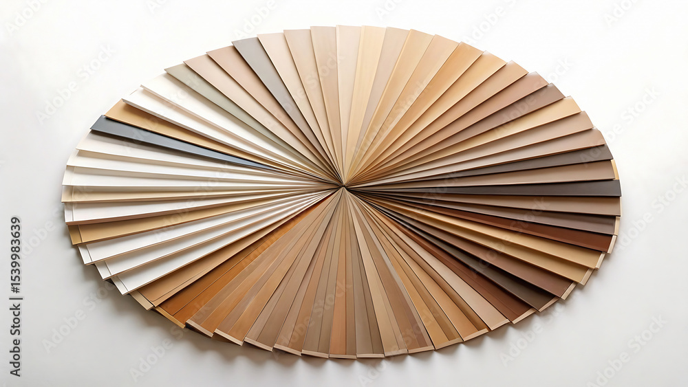 Poster assorted wood veneer samples arranged in a circular pattern on a white surface from above view