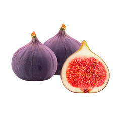 fresh figs, whole and halved on transparent background.
