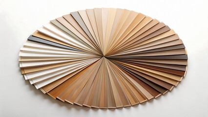 Assorted wood veneer samples arranged in a circular pattern on a white surface from above view