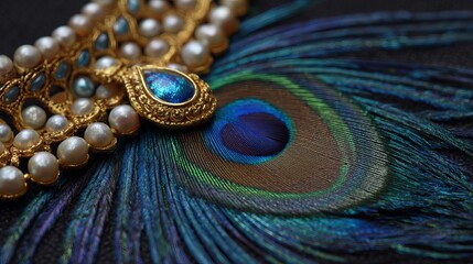 Traditional indian jewelry with elegant peacock feather on soft fabric background