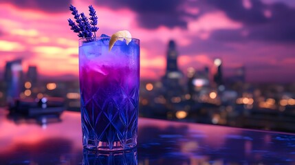 Twilight Cocktail with Lavender and Lemon on Rooftop Bar