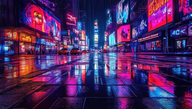 Night rain on Times Square. Neon lights reflecting in puddles - Powered by Adobe