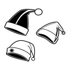 Three Unique Santa Hat Styles Black and White Line Art for Holiday Crafts..