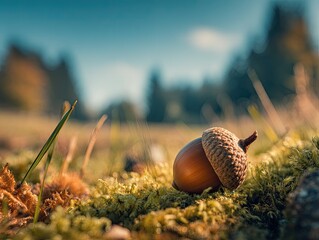 A single acorn rests on a bed of moss in a sun-drenched autumnal field, with a blurred forest backdrop