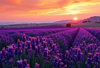 Sunset paints lavender field in vibrant hues, breathtaking vista, sunset, colors