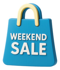 Blue shopping bag tag with WEEKEND SALE promo in bold white lettering, vibrant retail discount offer on transparent background.