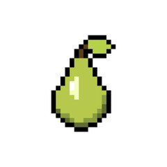 Pixel art pear icon, Retro pixelated fruit symbol, Digital pear design, Pixelated green pear emblem, Vintage fruit badge, pixel art.