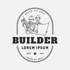 Vintage logo design with worker and engineer holding drill and architect paper scroll. Retro badge concept 