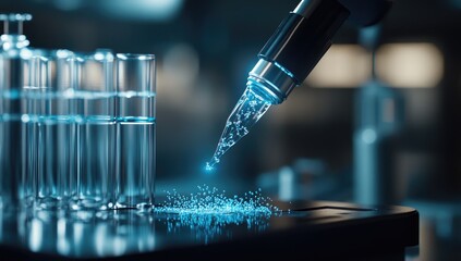 A futuristic pipette dispensing liquid into test tubes